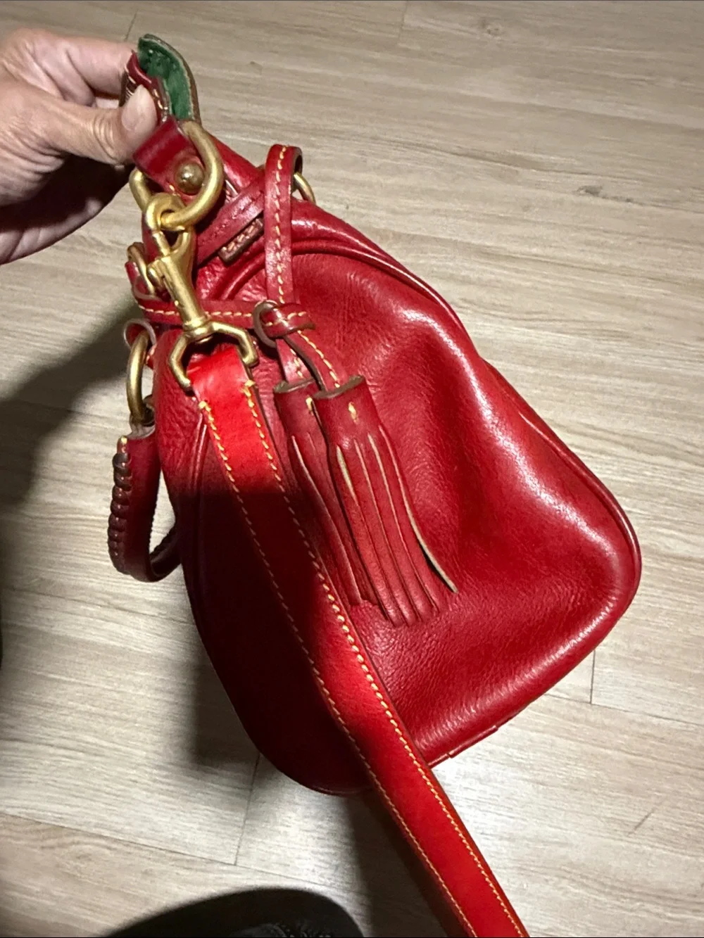 Dooney & Bourke Red Leather Shoulder Satchel with Brass Accents